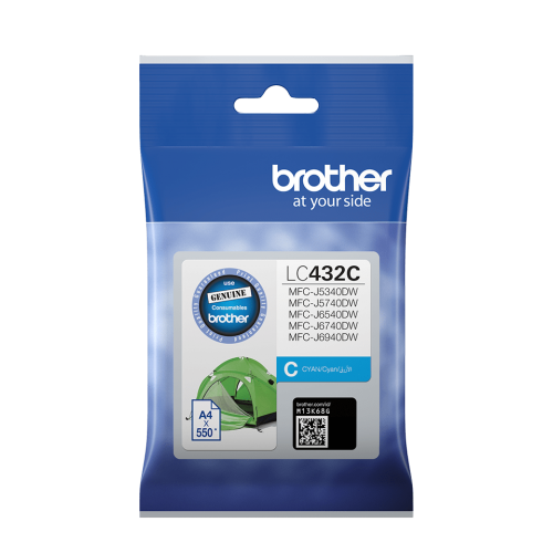 Brother LC432C,  LC-432C Genuine Cyan Ink Cartridge - 550 pages